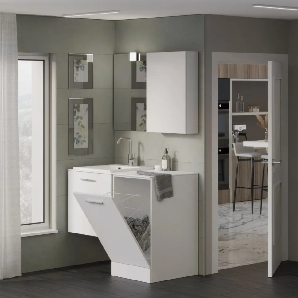 Mobile Bagno sospeso con 1 cassettone e cesto porta biancheria a ribalta disponibile in vari colori