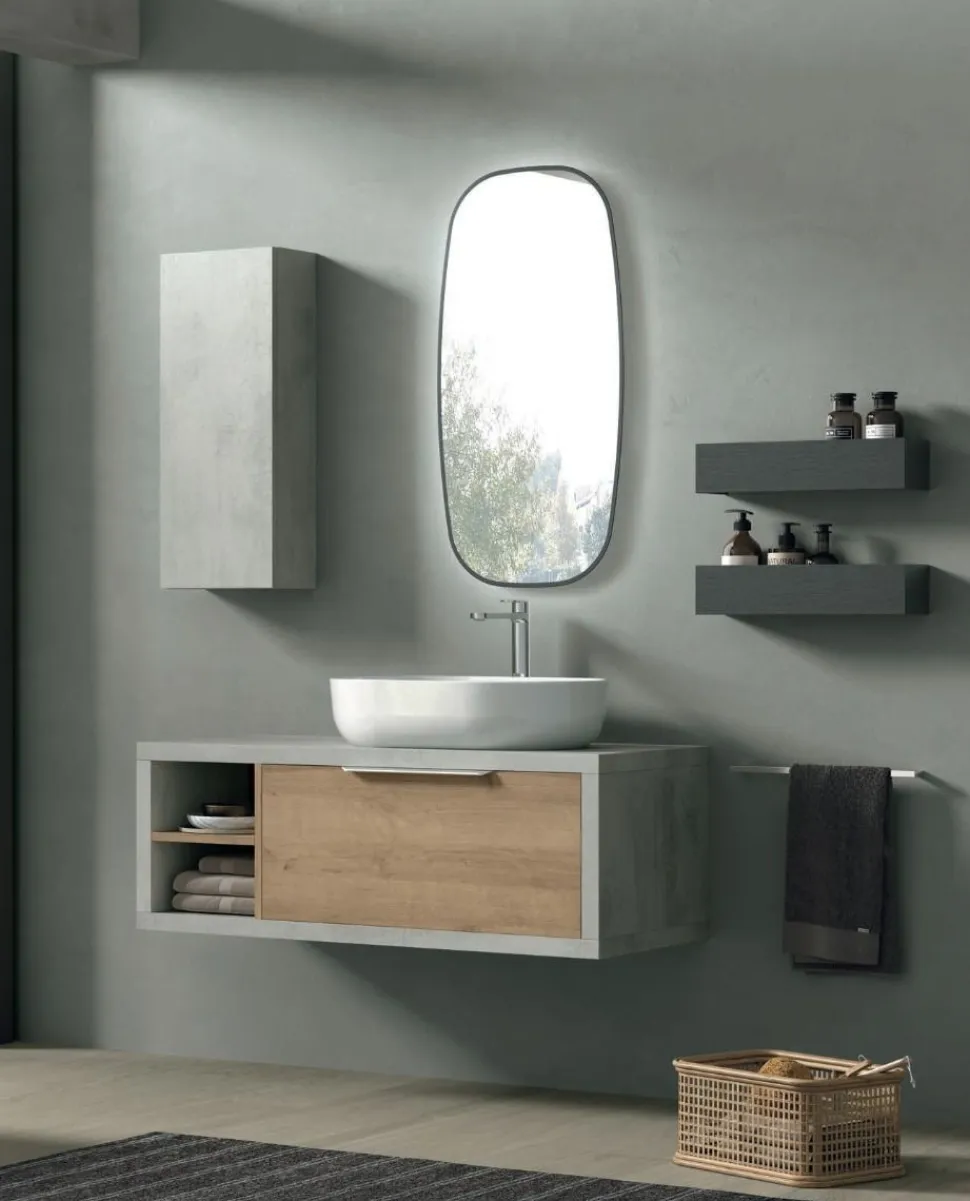 Mobile Bagno sospeso con 1 cassetto vani a giorno e lavabo in appoggio Domus disponibile in 4 colori