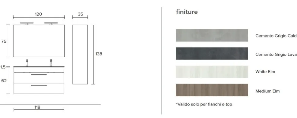 Mobile Bagno sospeso con doppia vasca integrata 2 cassetti e maniglie in metallo Smart disponibile in 4 colori