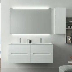 Mobile Bagno sospeso con doppio lavabo 4 cassetti con frontali rigati e presa maniglia integrata Rigo disponibile in 5 colori