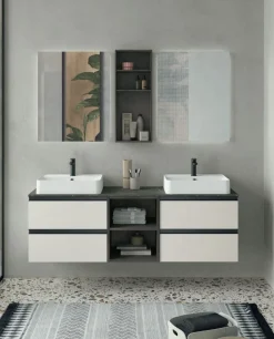 Mobile Bagno sospeso con doppio lavabo 4 cassetti con maniglia a gola Katia disponibile in 5 colori