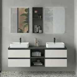 Mobile Bagno sospeso con doppio lavabo 4 cassetti con maniglia a gola Katia disponibile in 5 colori