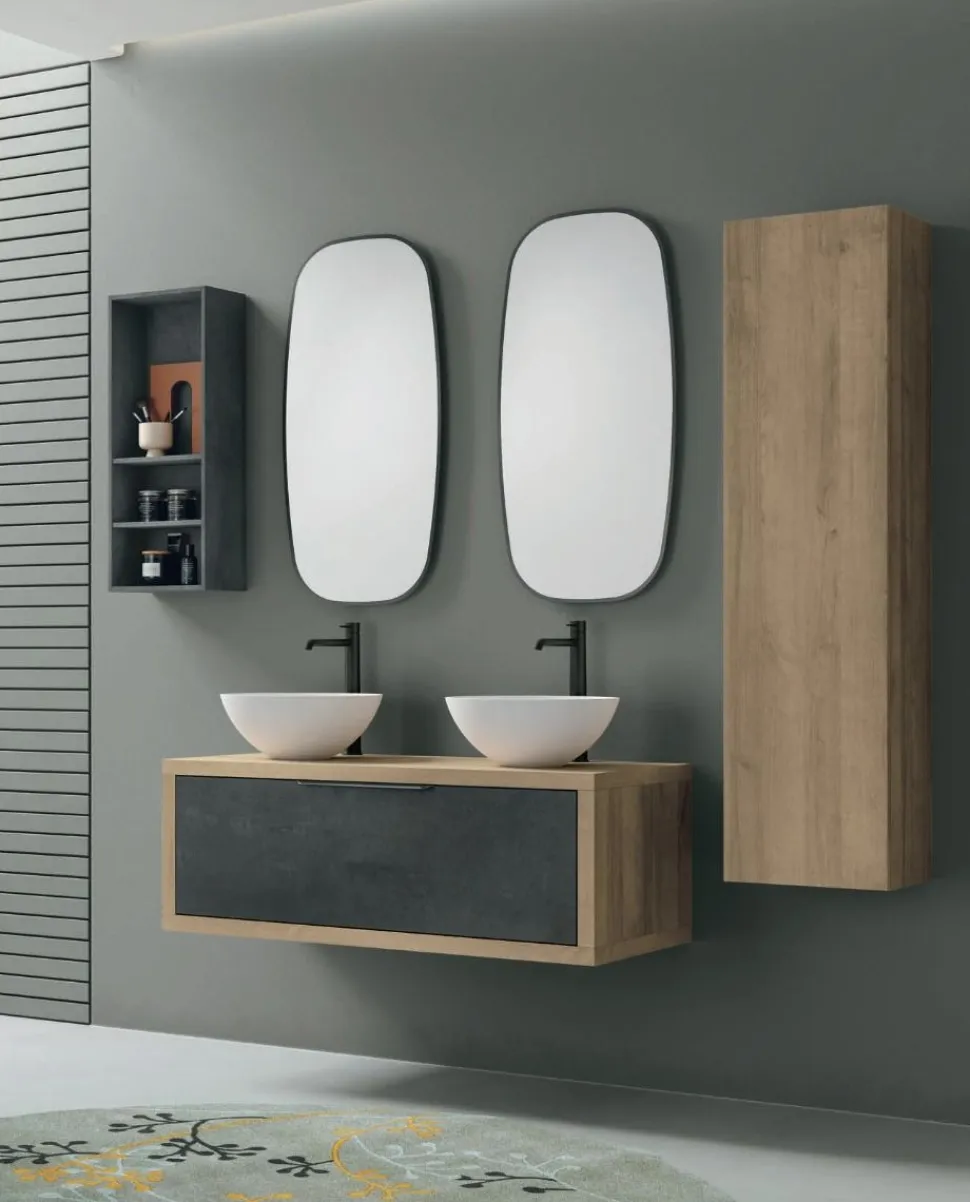 Mobile Bagno sospeso con doppio lavabo e 1 cassetto Domus disponibile in 4 colori