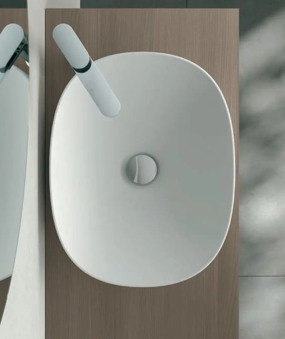 Mobile Bagno sospeso con lavabo in appoggio, 2 cassetti e maniglie in metallo Smart disponibile in 4 colori