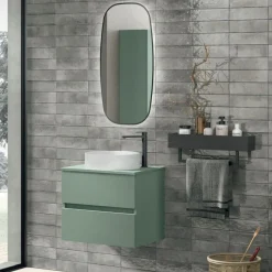 Mobile Bagno sospeso con lavabo in appoggio e 2 cassetti con maniglia a incasso Crea disponibile in 4 colori