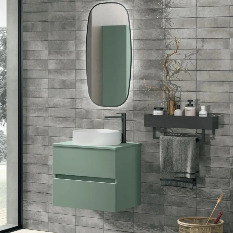 Mobile Bagno sospeso con lavabo in appoggio e 2 cassetti con maniglia a incasso Crea disponibile in 4 colori