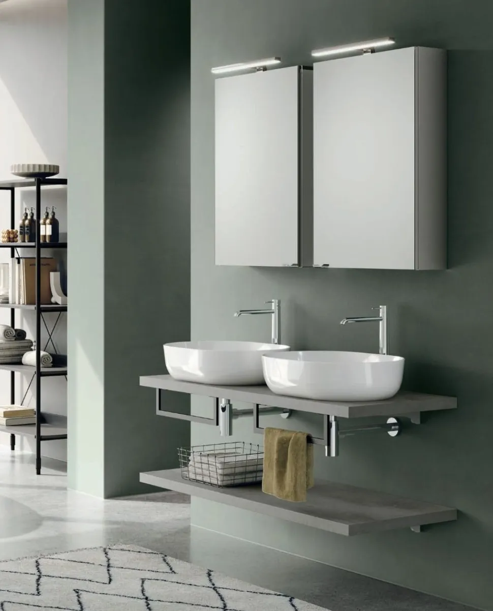 Mobile Bagno sospeso con mensolone e 2 lavabi in appoggio Domus disponibile in 4 colori