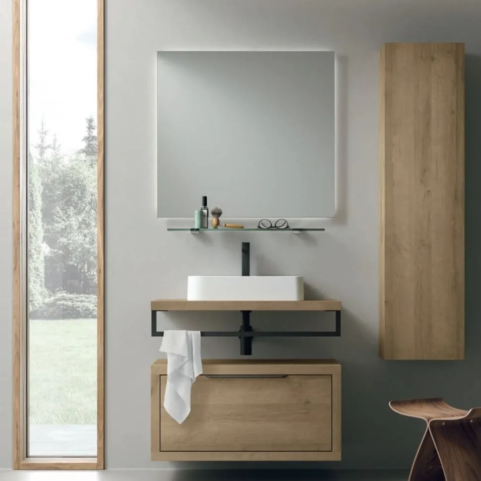 Mobile Bagno sospeso con mensola e 1 cassetto con lavabo in appoggio Domus disponibile in 4 colori