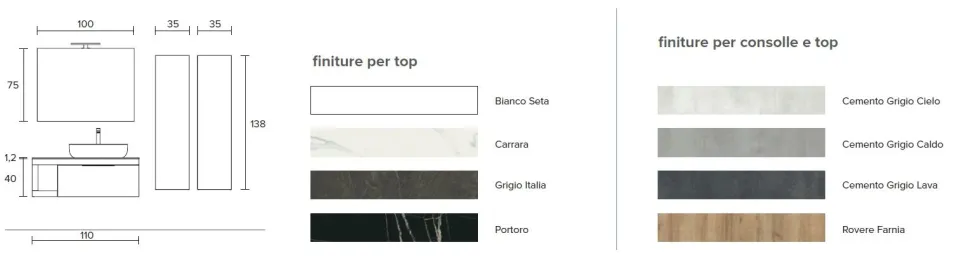 Mobile Bagno sospeso con top da 1,2 cm ,lavabo in appoggio opaco e 1 cassetto Lido disponibile in 4 colori