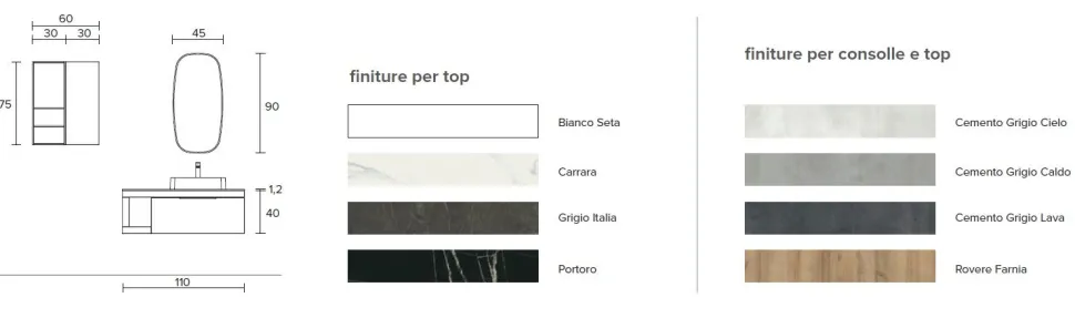 Mobile Bagno sospeso con top da 1,2 cm e lavabo in appoggio opaco Lido disponibile in 4 colori