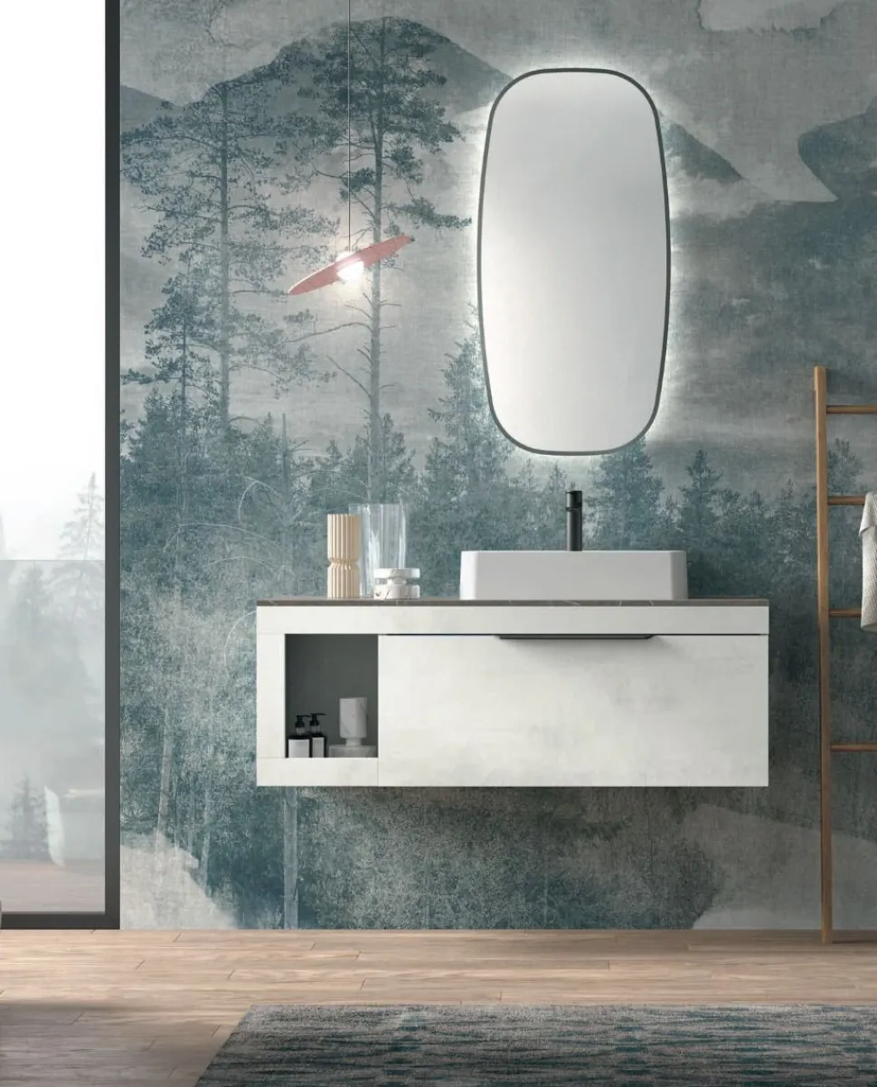 Mobile Bagno sospeso con top da 1,2 cm e lavabo in appoggio opaco Lido disponibile in 4 colori