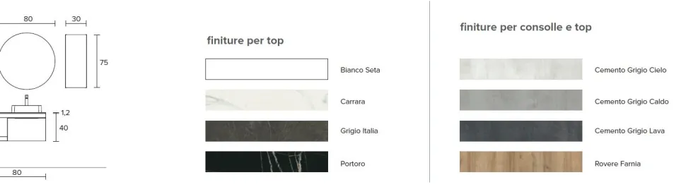 Mobile Bagno sospeso con top sp 1,2 cm 1 cassetto e lavabo in appoggio opaco Lido disponibile in 4 colori