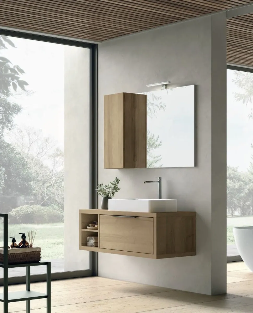 Mobile Bagno sospeso con vani a giorno 1 cassetto e lavabo in appoggio Domus disponibile in 4 colori