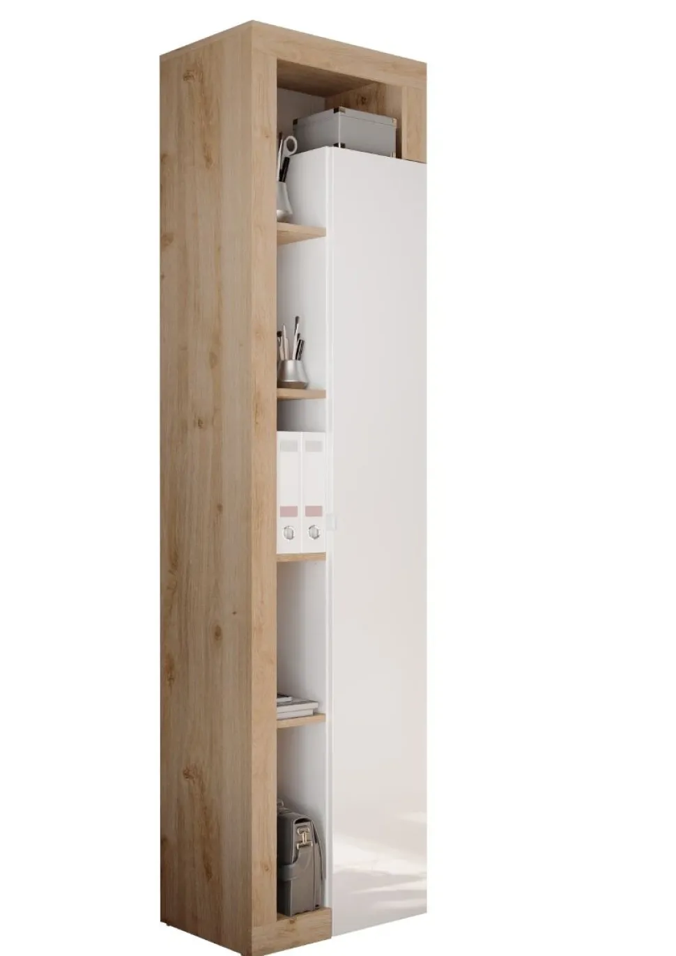 Mobile colonna 1 anta con Vani a Giorno in Bianco Lucido e Rovere Cadiz