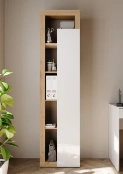 Mobile colonna 1 anta con Vani a Giorno in Bianco Lucido e Rovere Cadiz