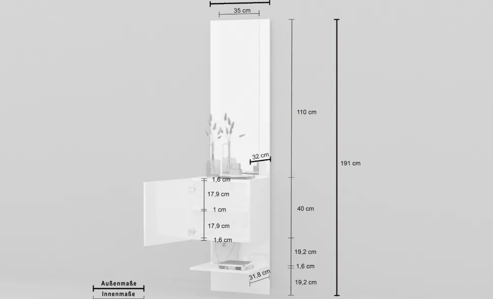 Mobile da ingresso compatto con specchio Poket in Bianco Lucido