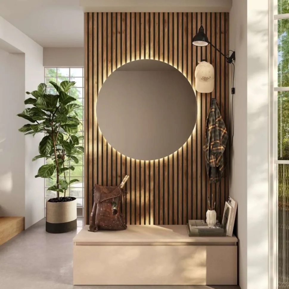Mobile da Ingresso con Boiserie cannettata con appendiabiti e specchio in Cashmere e Mercure