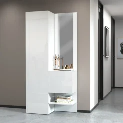Mobile da ingresso con specchio e scarpiera Poket in Bianco Lucido