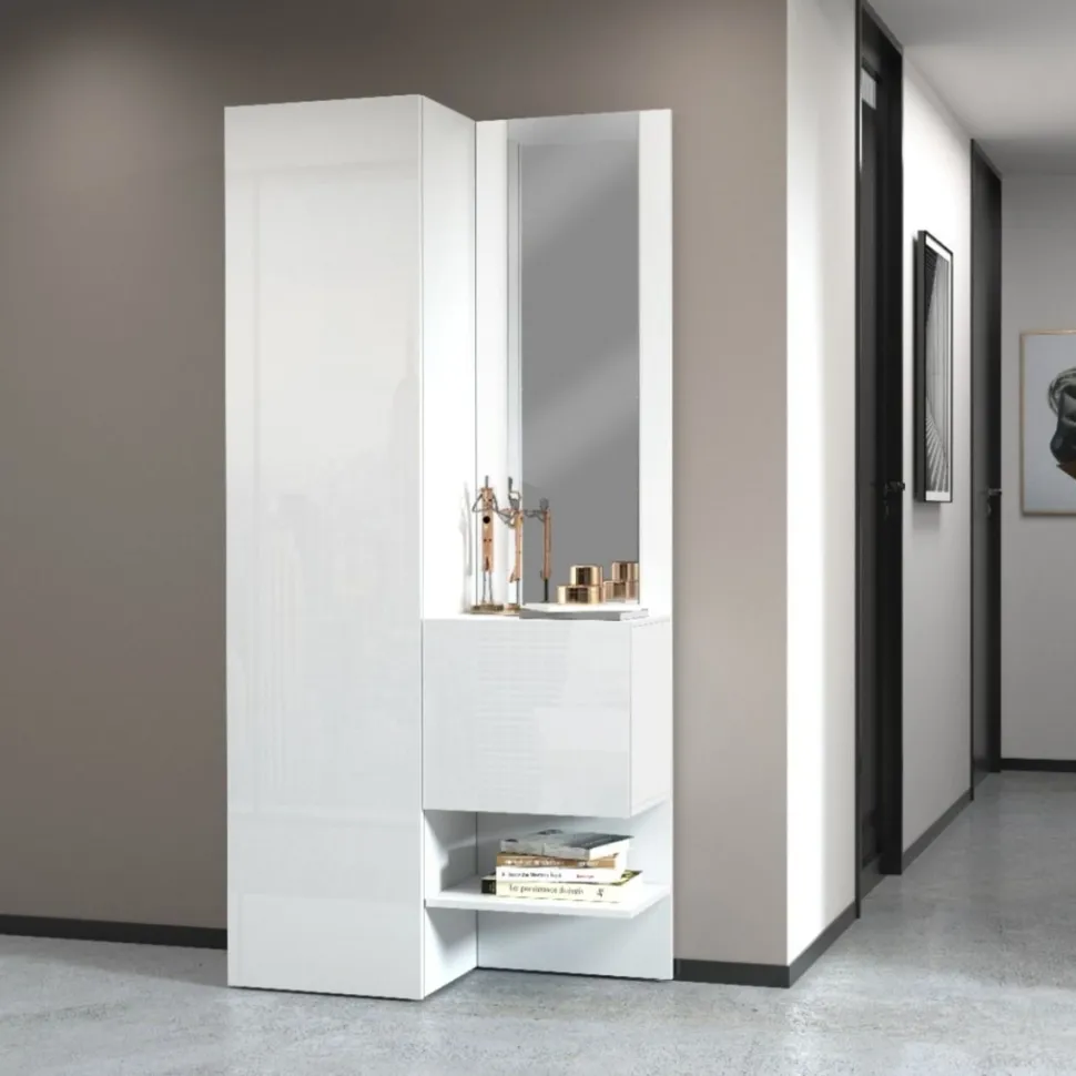 Mobile da ingresso con specchio e scarpiera Poket in Bianco Lucido