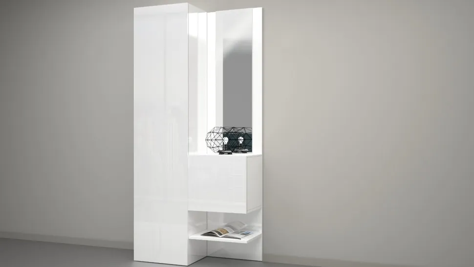 Mobile da ingresso con specchio e scarpiera Poket in Bianco Lucido