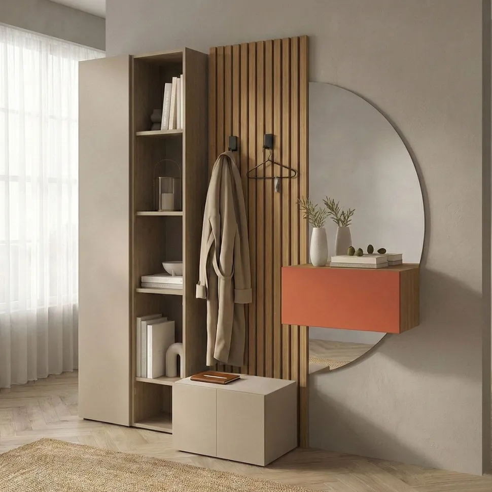 Mobile da ingresso con specchio a mezza luna e librerie- personalizzabile