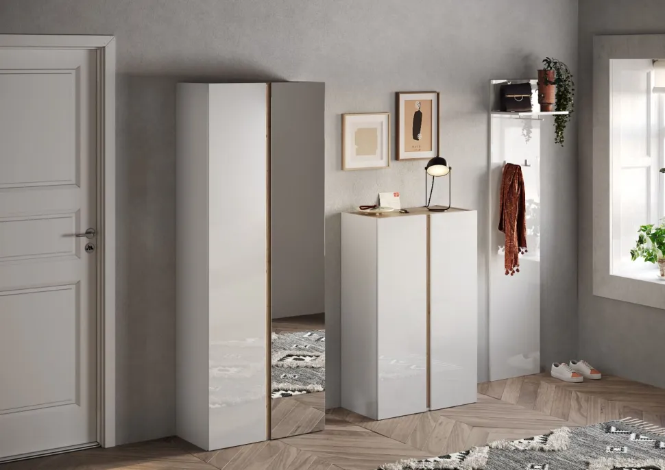 Mobile da ingresso Madrid linea Combo in finitura Bianco lucido e Rovere Cadiz