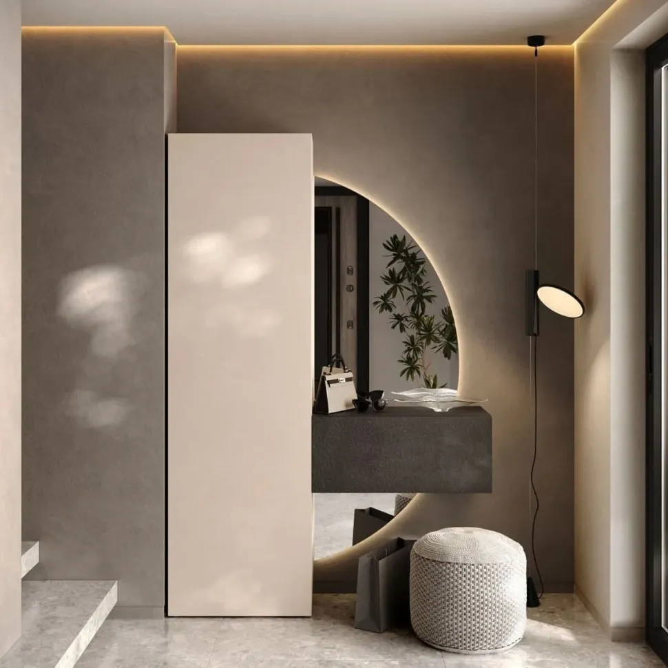 Mobile da Ingresso moderno con armadio e specchio in finitura Cashmere e Rovere Cadiz