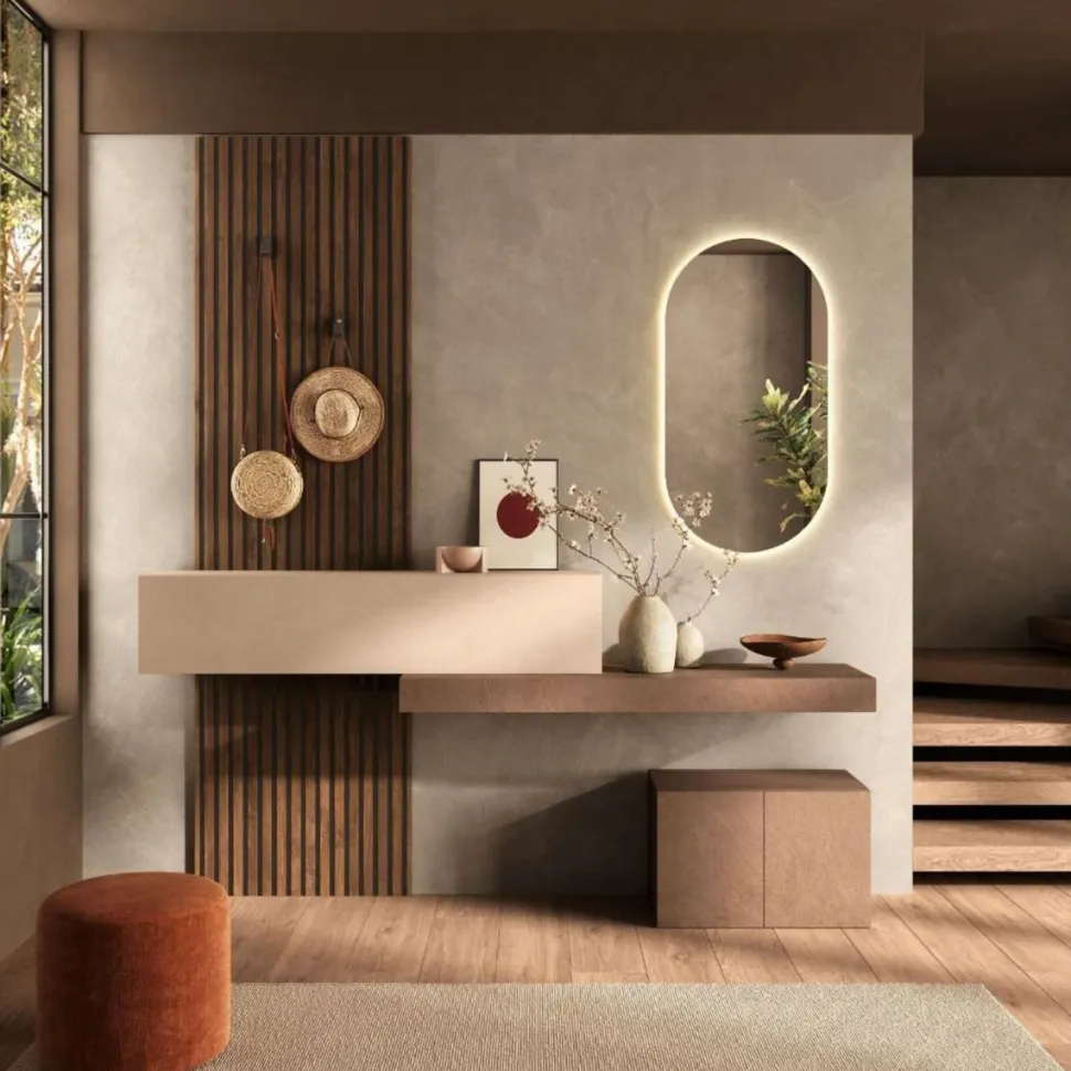 Mobile da Ingresso moderno con Boiserie cannettata e mensola sospesa in Mercure, Cashmere e Bronzo