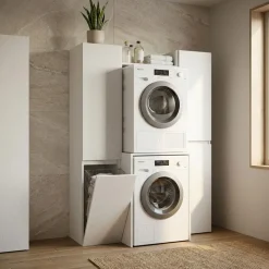 Mobile lavanderia salvaspazio Bianco frassino L 155 con cesto porta biancheria e mobile porta lavatrice