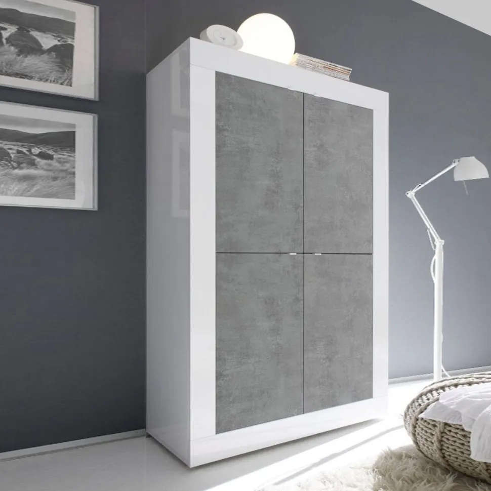 Mobile linea Basic con 4 ante in finitura Bianco laccato lucido e Beton