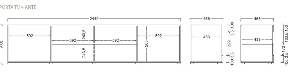 Mobile Porta TV Linea Basic L 245 cm in Bianco Lucido con 2 Ante e 1 Cassetto