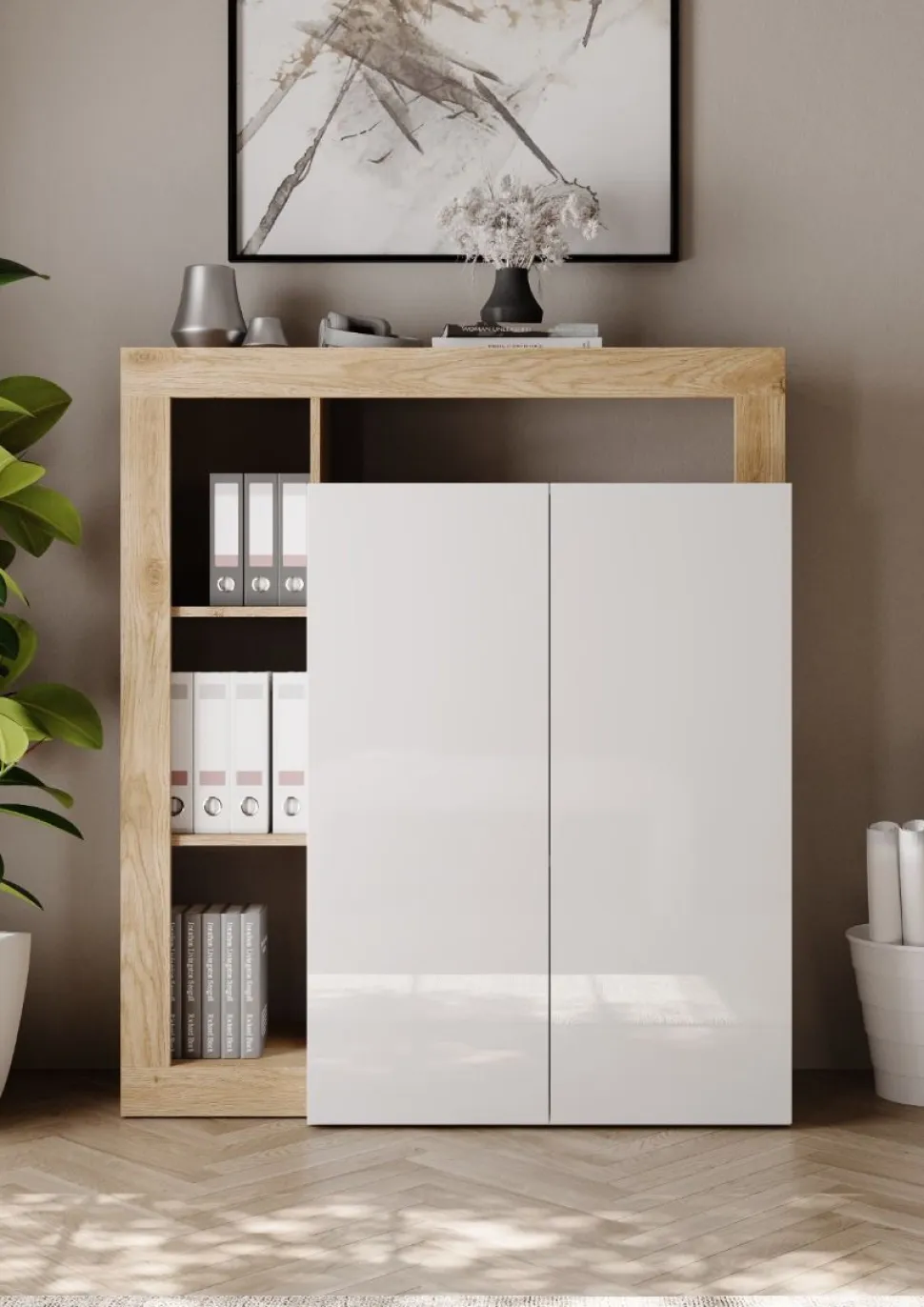 Mobile Scrivania compatto Linea Frame in Bianco Lucido e Rovere Cadiz con ripiano estraibile