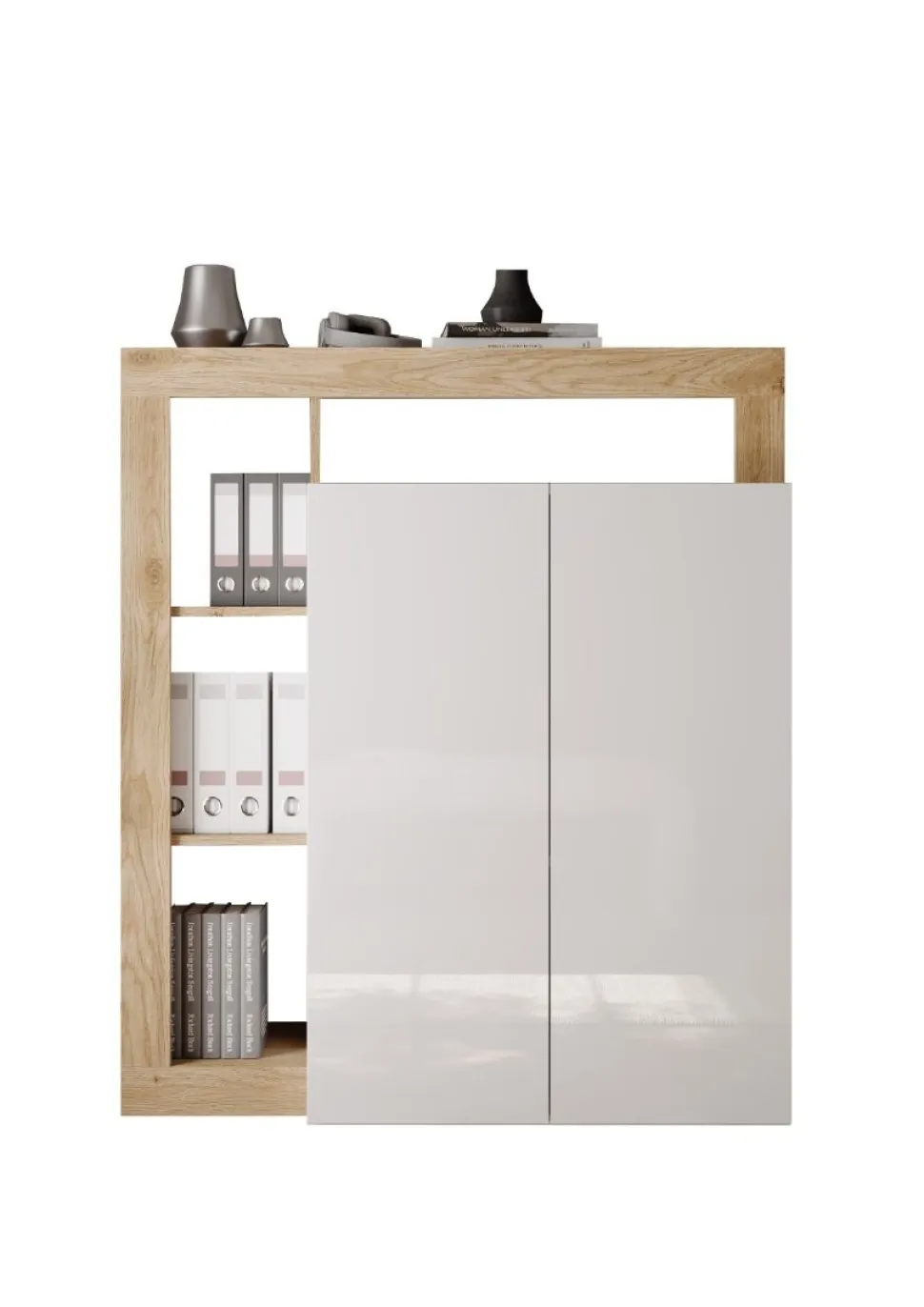 Mobile Scrivania compatto Linea Frame in Bianco Lucido e Rovere Cadiz con ripiano estraibile