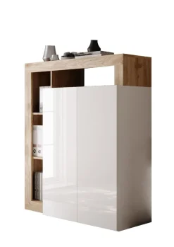 Mobile Scrivania compatto Linea Frame in Bianco Lucido e Rovere Cadiz con ripiano estraibile