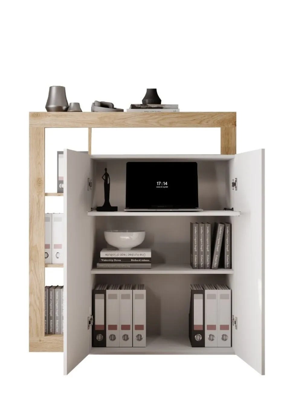 Mobile Scrivania compatto Linea Frame in Bianco Lucido e Rovere Cadiz con ripiano estraibile