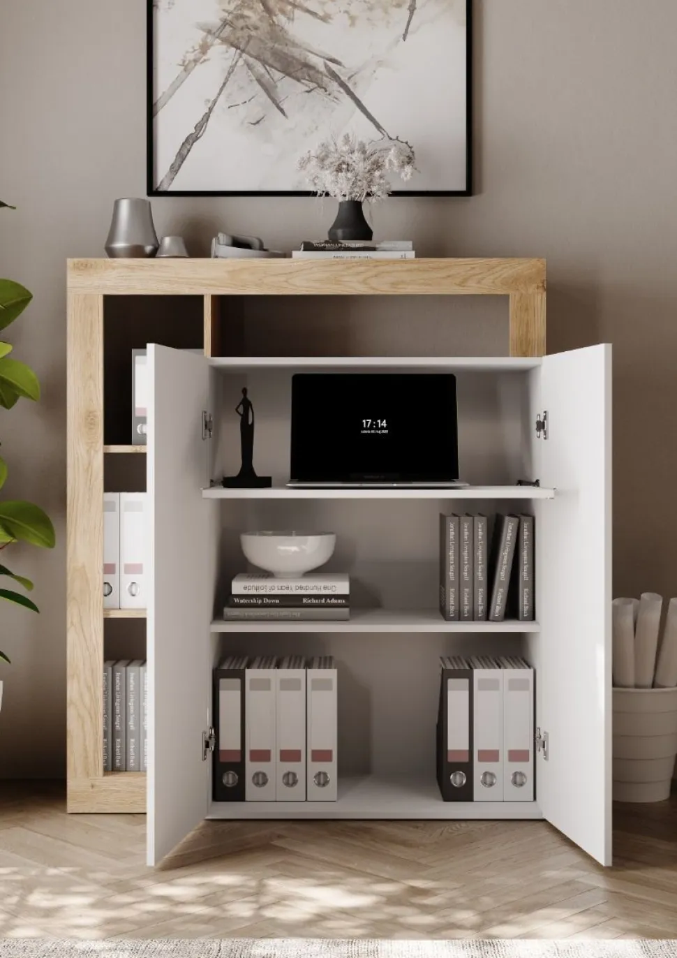 Mobile Scrivania compatto Linea Frame in Bianco Lucido e Rovere Cadiz con ripiano estraibile