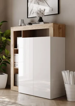 Mobile Scrivania compatto Linea Frame in Bianco Lucido e Rovere Cadiz con ripiano estraibile
