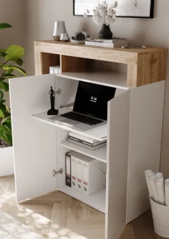 Mobile Scrivania compatto Linea Frame in Bianco Lucido e Rovere Cadiz con ripiano estraibile