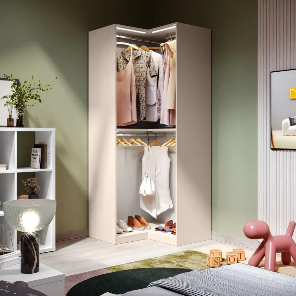 Modulo angolare per cabina armadio a giorno finitura Cashmere disponibile in 4 colori