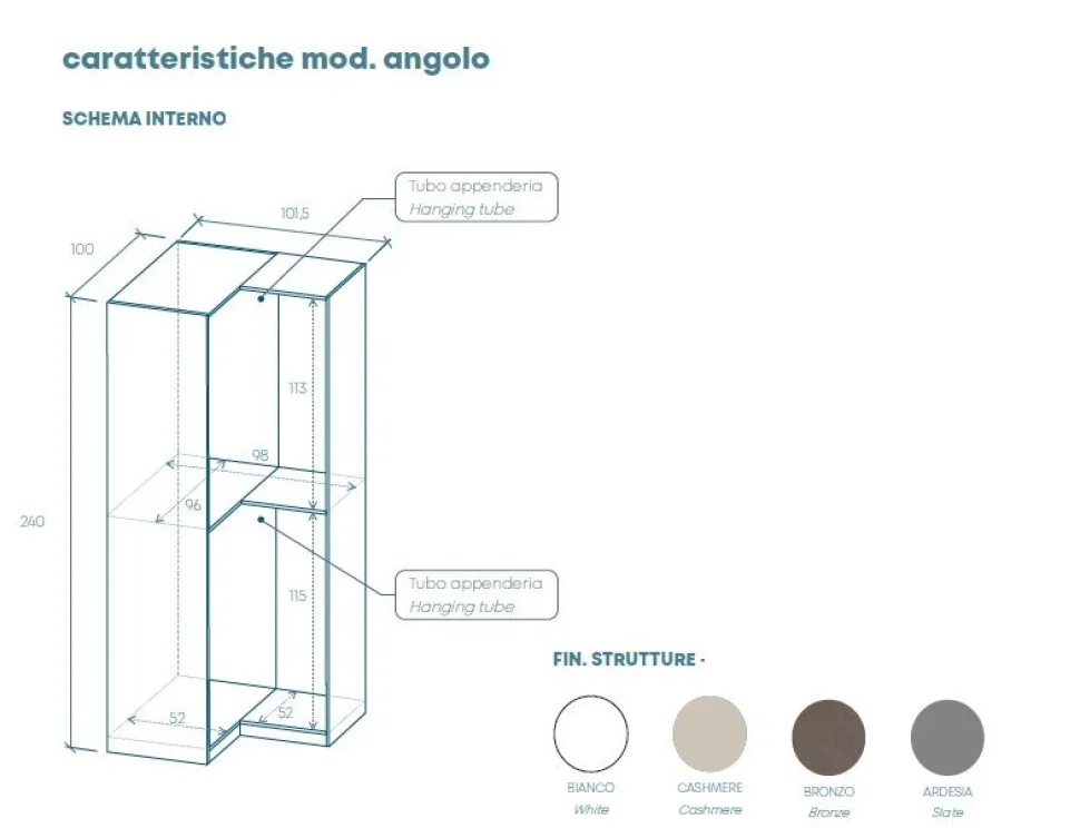 Modulo per cabina armadio ad angolo o lineare disponibile in 4 colori e 2 misure