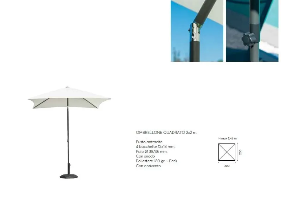 Ombrellone da Giardino Quadrato 2x2mt palo centrale in Alluminio Design Moderno