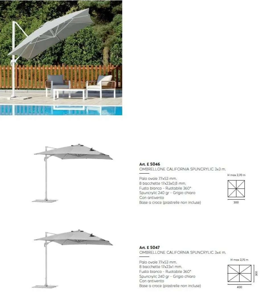 Ombrellone ruotabile 360° tessuto Spuncrylic Grigio fusto Bianco Rinforzato