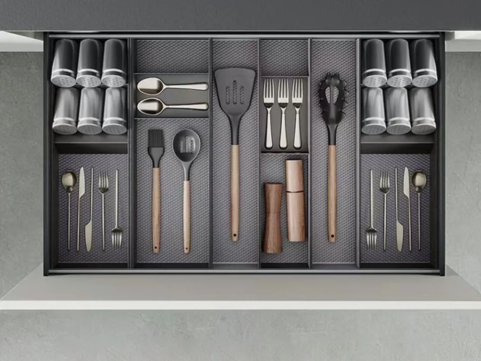 Organizzatore per cassetto Orderbox, 150x470 mm, Acciaio e Legno, Grigio antracite
