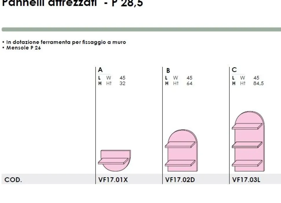 Pannello attrezzato con Mensole Pill disponibile in 3 misure e in 15 colorazioni