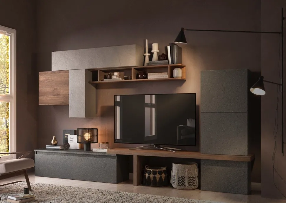 Parete attrezzata Adele linea Arte in finitura Rovere Mercure, Argilla e Lava