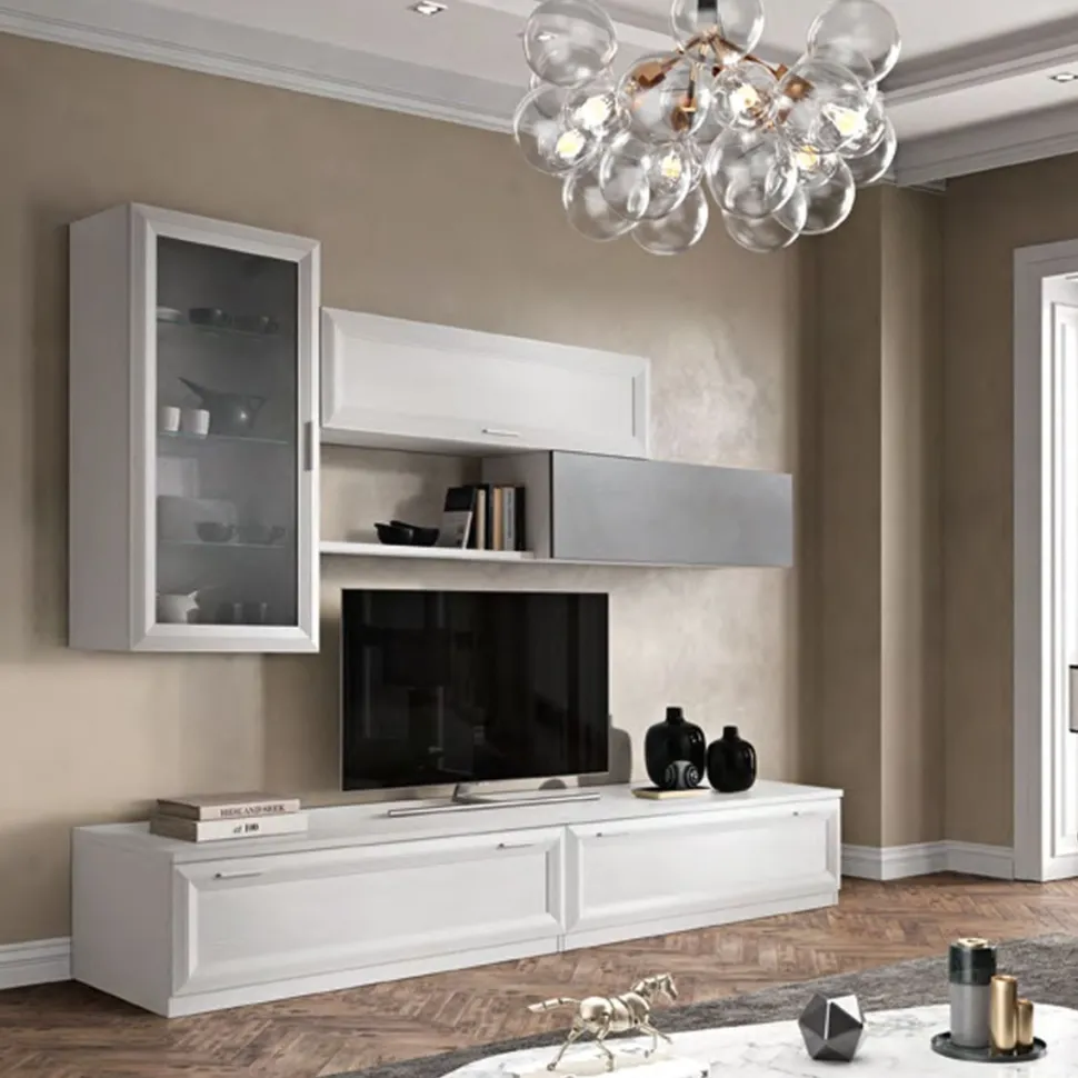 Parete attrezzata Arlet linea Prevaling finitura Bianco Frassino e Argento.