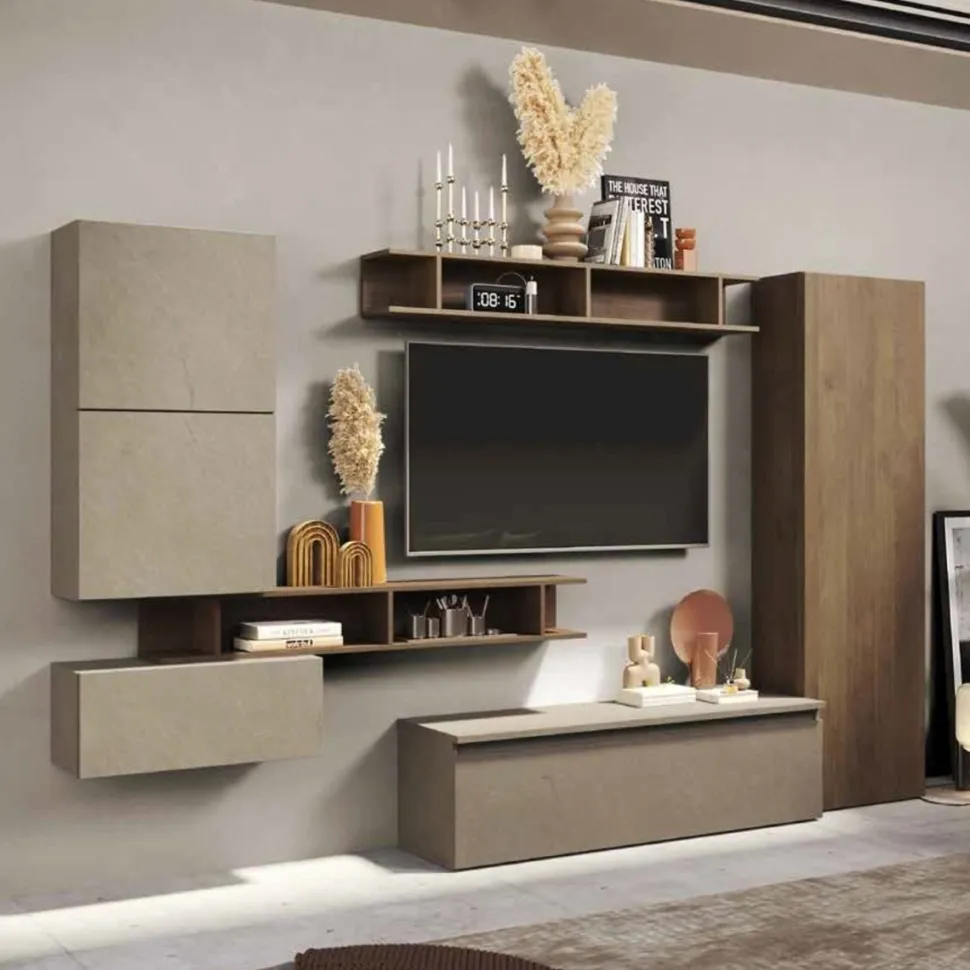 Parete attrezzata Atlantica linea Arte in finitura Argilla e Rovere Mercure