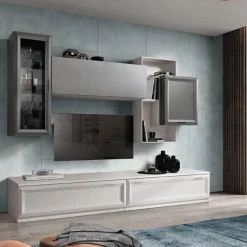 Parete attrezzata Berna linea Prevaling Finitura Argento, Grigio e Bianco Frassino.
