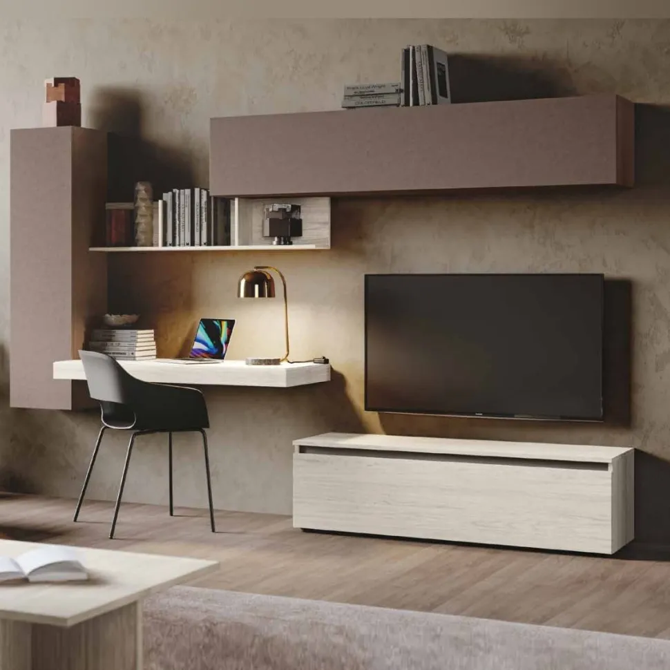 Parete attrezzata Bianco altea e spatolato Bronzo moderna e componibile con scrivania sospesa Pamela disponibile in vari colori