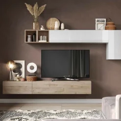 Parete attrezzata Bice linea Arte in finitura Bianco Lucido e Rovere Cadiz